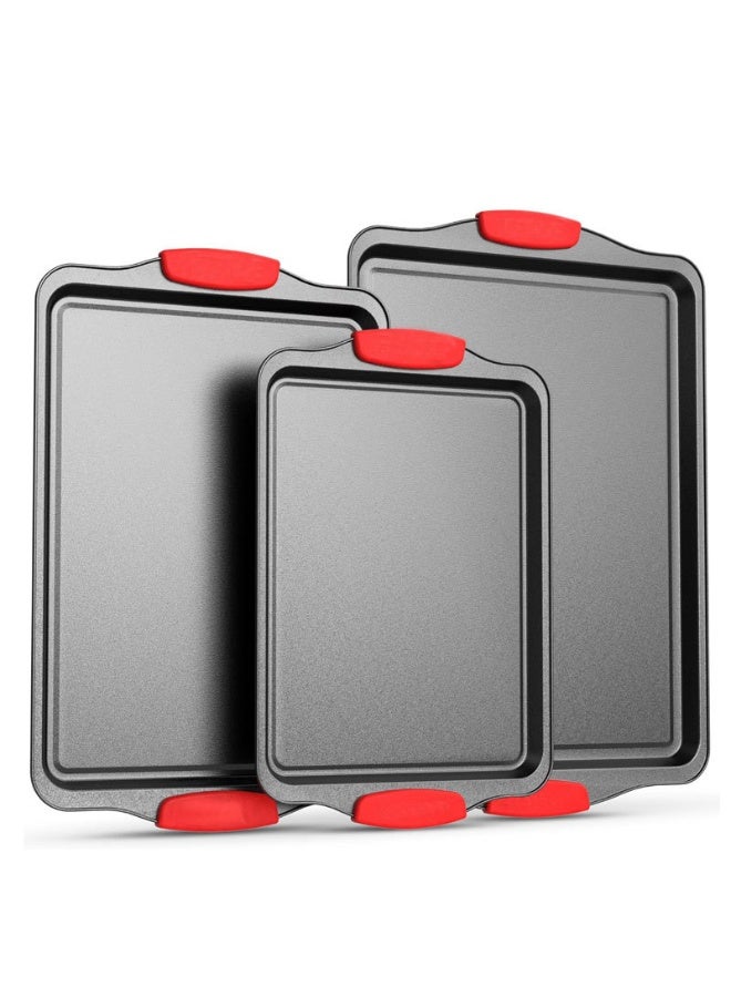 مجموعة صواني خبز غير لاصقة مكونة من 3 قطع (كبير، متوسط، صغير)، صواني فرن من الفولاذ الكربوني بمقابض سيليكون، غير سامة، مقاومة للتشوه والصدأ، سهلة التنظيف، آمنة للاستخدام في الفرن، مناسبة للكعك والبراونيز والبيتزا، آمنة للغسل في غسالة الصحون للخبز في المطبخ - Image 1